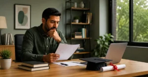 Employee reviewing tuition assistance program documents at a desk, representing workplace education benefits