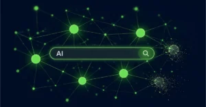 Abstract glowing knowledge graph in green and navy showing visible and invisible brand nodes representing AI search visibility