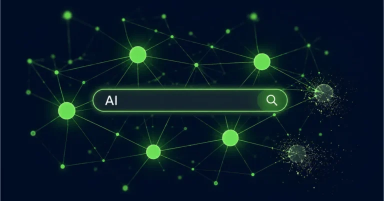 Abstract glowing knowledge graph in green and navy showing visible and invisible brand nodes representing AI search visibility