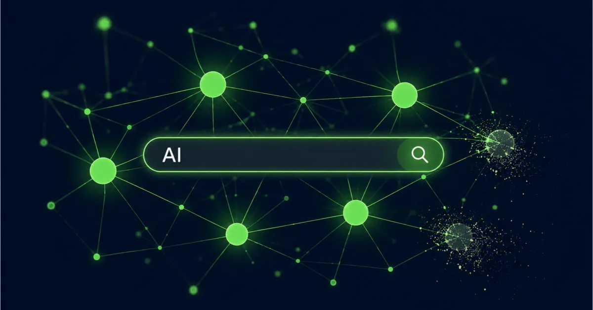 Abstract glowing knowledge graph in green and navy showing visible and invisible brand nodes representing AI search visibility
