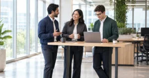 Three colleagues in navy, charcoal and green corporate bomber jackets talking in a modern office