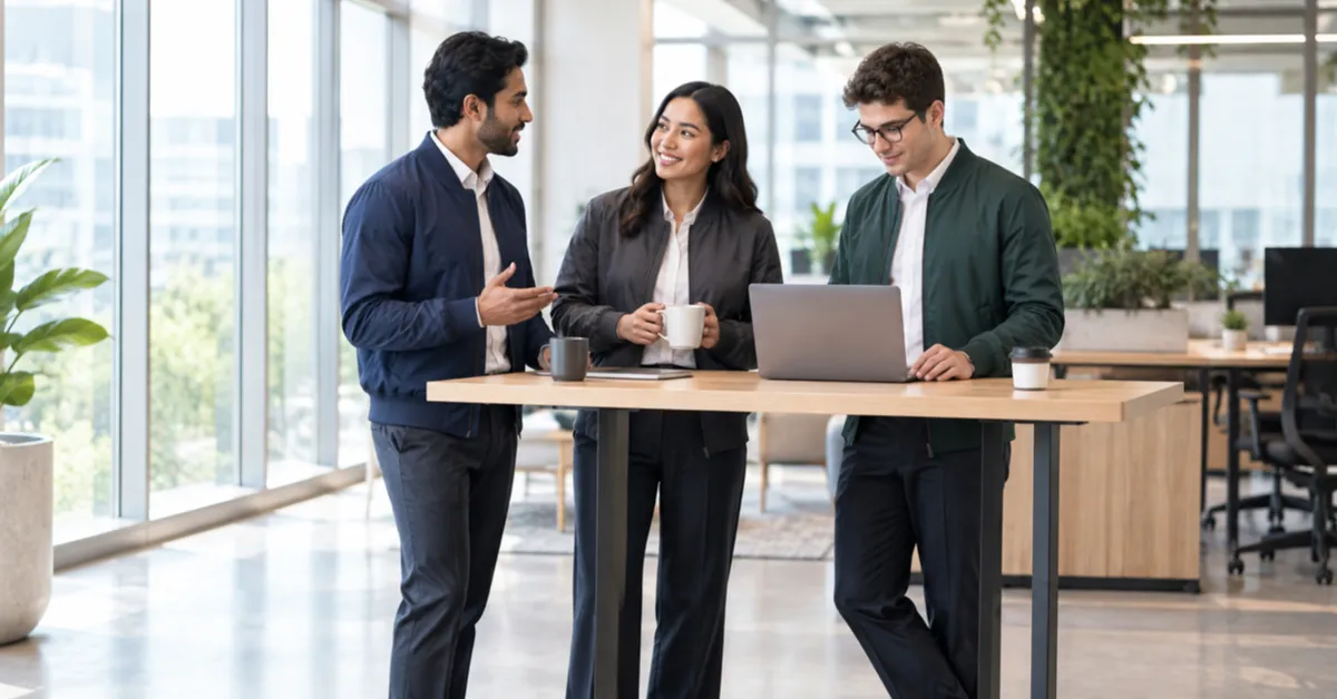 Three colleagues in navy, charcoal and green corporate bomber jackets talking in a modern office