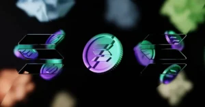 Solana coin at center with stacked Solana logo bars on either side against a dark background