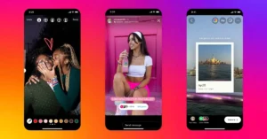 Three smartphone screens showing Instagram Story features: drawing tools, a Story template, and a photo that reveals on shake.