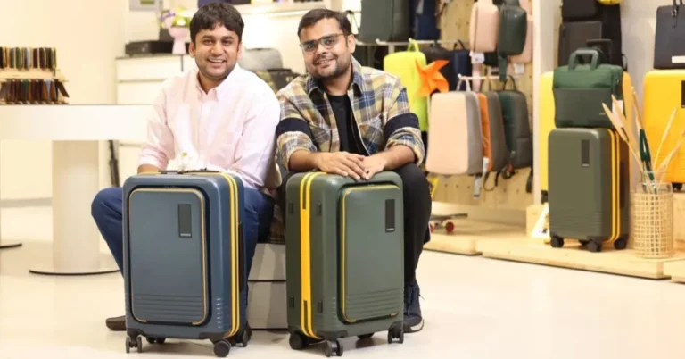 Mokobara co-founders Sangeet Agrawal and Navin Parwal with luggage products Caption: Sangeet Agrawal and Navin Parwal met at Urban Ladder before founding Mokobara. Description: Founder portrait anchoring the Series C funding story for Mokobara's luggage business.