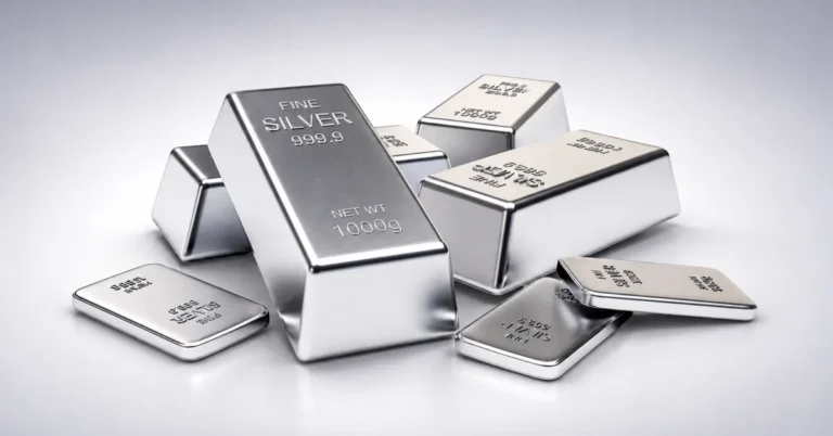 Stack of 999.9 fine silver bullion bars of varying weights on a white background