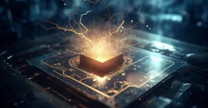 Close-up of a computer microchip with glowing gold energy erupting from its core, representing Web3 infrastructure