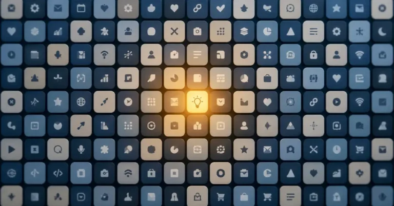 AI-built apps flooding app stores: a wall of muted blue and beige app icons with one glowing amber lightbulb icon at the centre