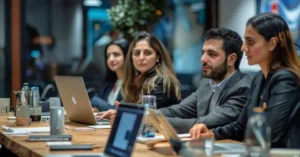 Business professionals with laptops seated at a conference table discussing an AI implementation strategy