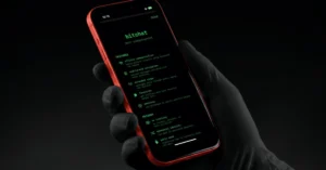 Black-gloved hand holding a red iPhone that shows the Bitchat app's green-on-black feature screen, with offline communication, end-to-end encryption and a no-tracking privacy section listed