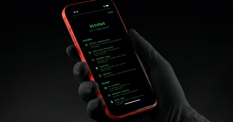 Black-gloved hand holding a red iPhone that shows the Bitchat app's green-on-black feature screen, with offline communication, end-to-end encryption and a no-tracking privacy section listed