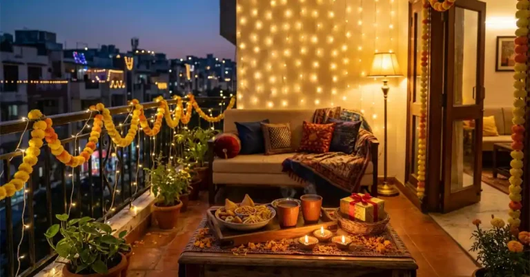 Diwali balcony at dusk with fairy lights, marigold garlands, a floor lamp, snacks, chai and a wrapped gift on the table
