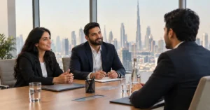 Two recruiters interviewing a candidate in a high-rise meeting room with the Dubai skyline and Burj Khalifa behind them
