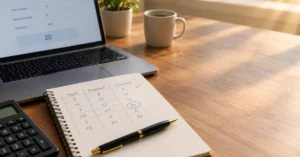 Laptop calculator form beside a notebook test table with Input, Expected and Observed columns, a pen and a calculator on a desk