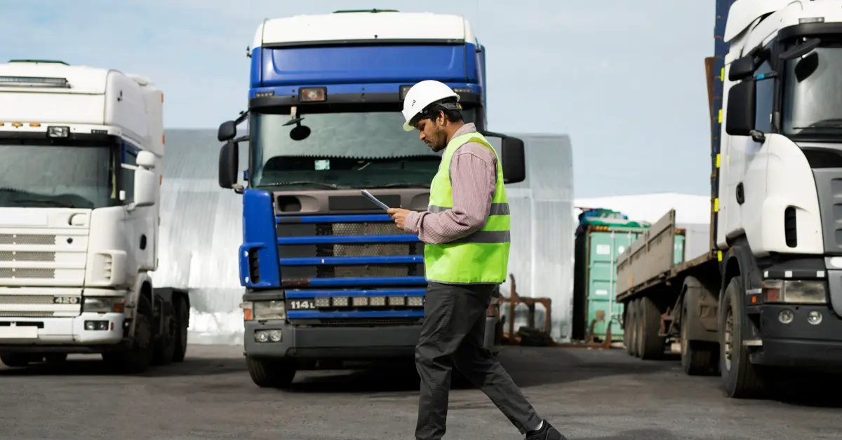 Worker in a white hard hat and hi-vis vest walking past parked trucks in a depot yard