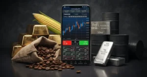 Smartphone showing a commodity price chart surrounded by gold and silver bars, oil barrels, corn and coffee beans