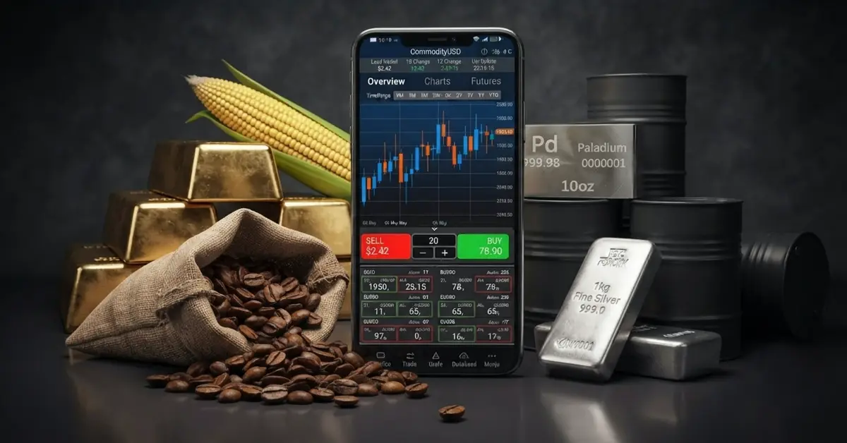 Smartphone showing a commodity price chart surrounded by gold and silver bars, oil barrels, corn and coffee beans
