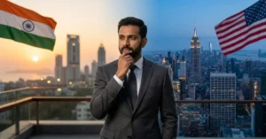 A professional in a suit pauses to think, with the Indian flag and skyline on one side and the US flag and New York skyline on the other.