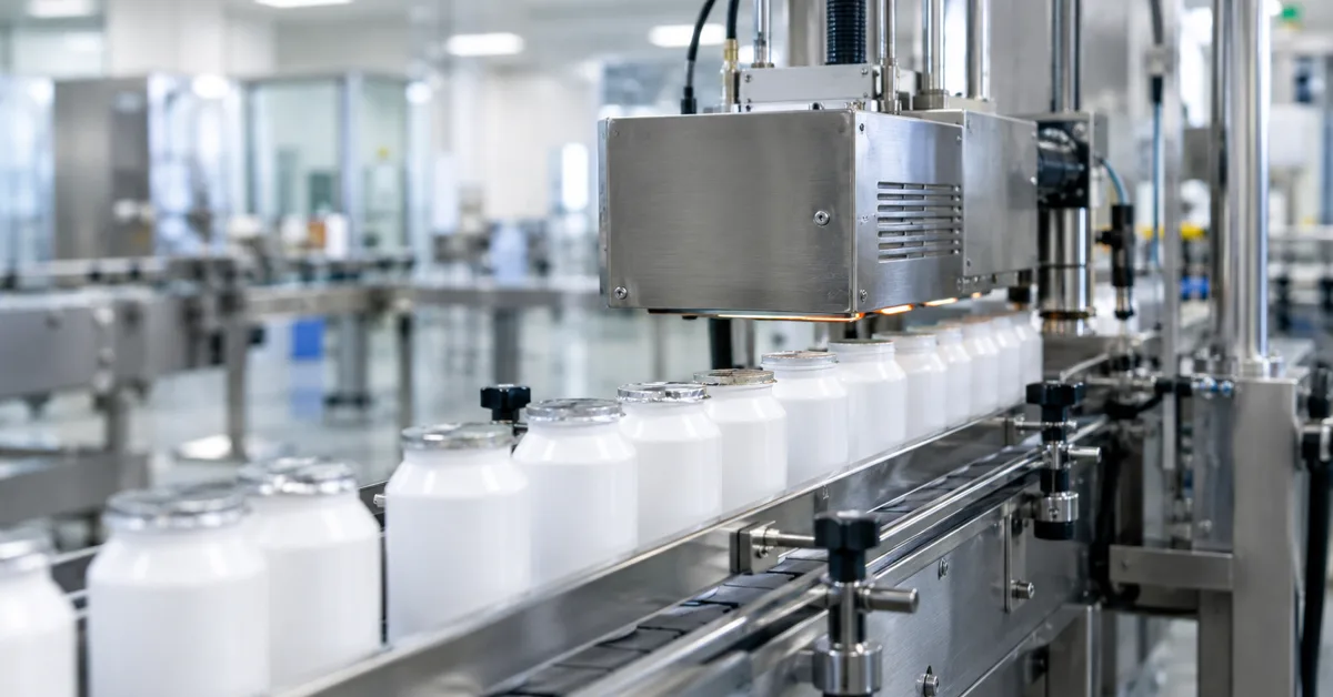 Induction sealing head above capped white bottles moving along a stainless steel packaging line conveyor
