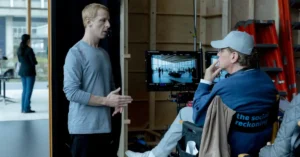 Jeremy Strong and writer-director Aaron Sorkin on the set of The Social Reckoning