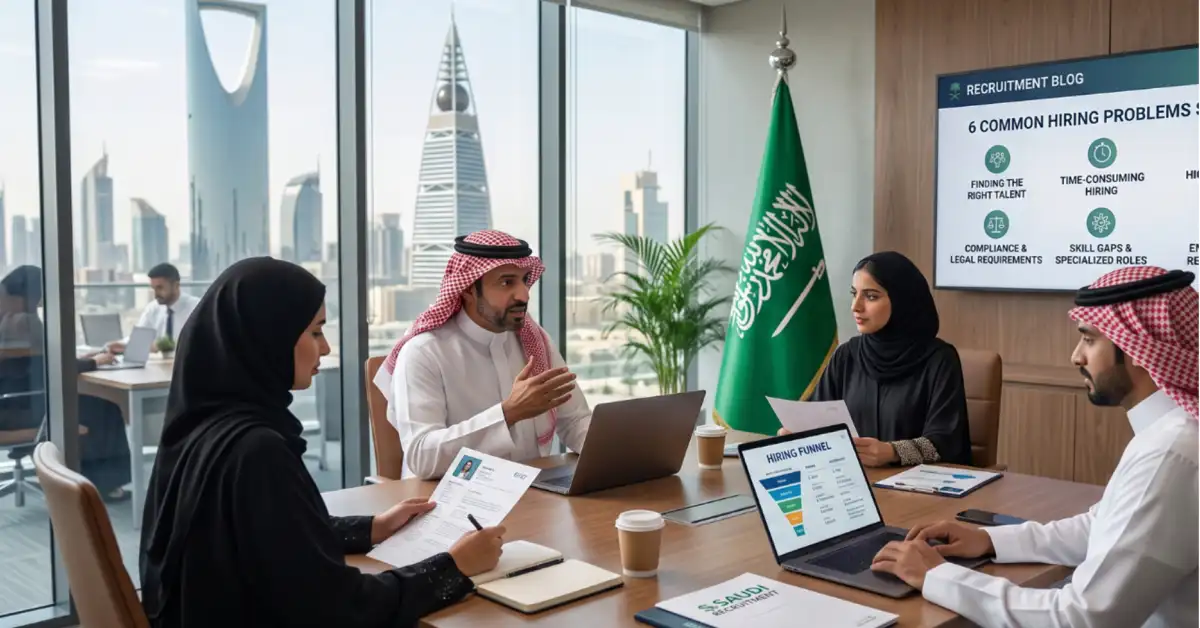 Saudi recruitment team in a Riyadh office reviewing candidate CVs and a hiring funnel with the Saudi flag and skyline behind them