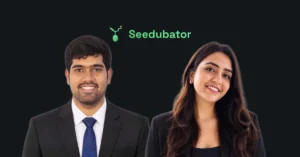 Seedubator co-founders Nikhil Mankani (left) and Aishwarya Nathani beside the Seedubator logo