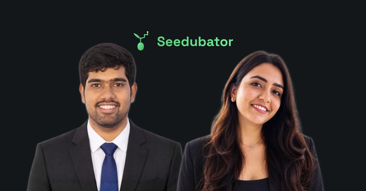 Seedubator co-founders Nikhil Mankani (left) and Aishwarya Nathani beside the Seedubator logo