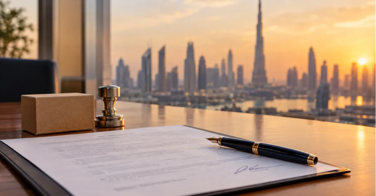 Signed trademark licensing agreement with a fountain pen and stamp on a desk, Dubai skyline at sunset behind