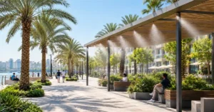 Mist nozzles cooling a shaded pergola walkway on a palm-lined waterfront promenade during extreme summer heat